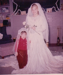 MM in Mom's wedding dress with Ce 1959